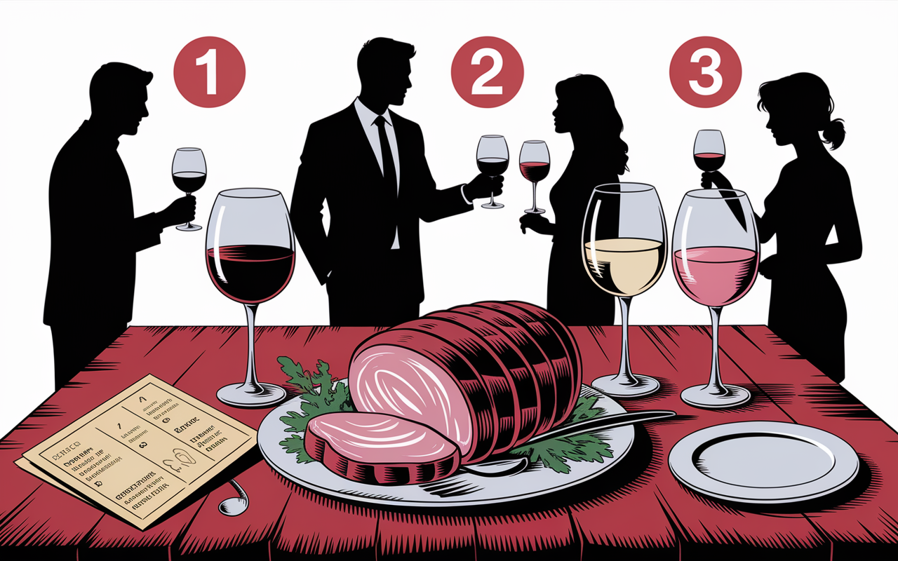 Rôti de porc, verres de vin rouge, blanc, rosé