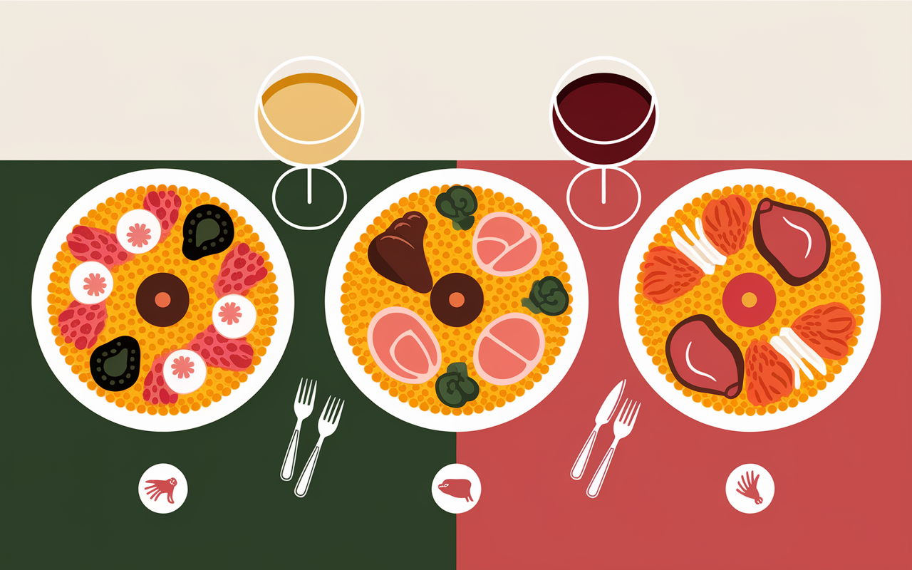 Paellas fruits de mer mixte viande et verres blancs rosés rouges