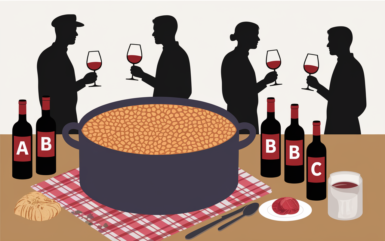 Marmite cassoulet et bouteilles vin rouge