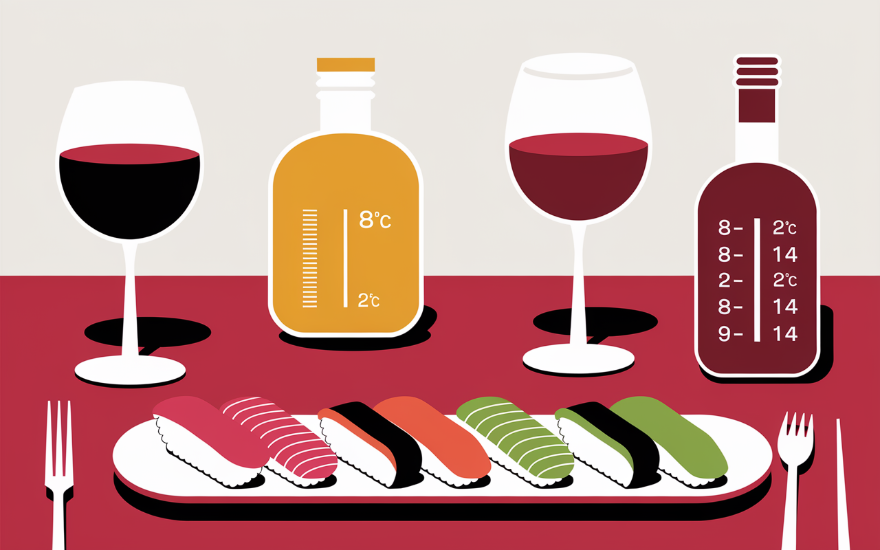 sushis et trois types de vins avec thermomètres accords sushi vin