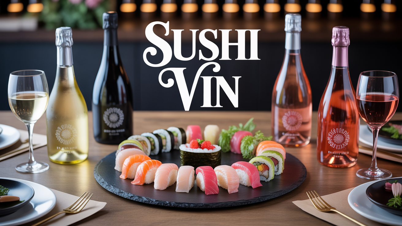 sushis et vins blancs rosés effervescents sur table conviviale