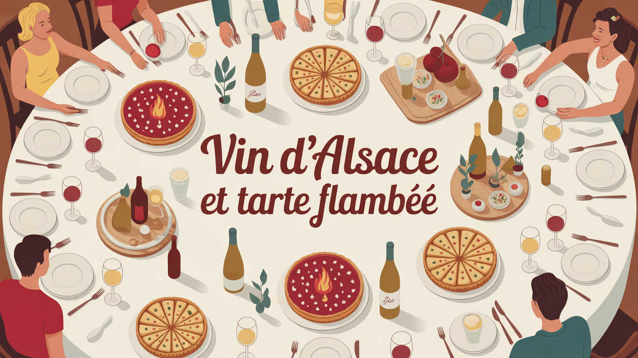 Grande table conviviale avec tarte flambee et vin d'Alsace
