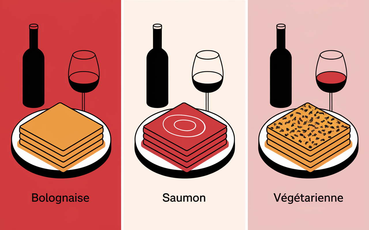 trois assiettes de lasagnes et bouteilles de vin conseillees