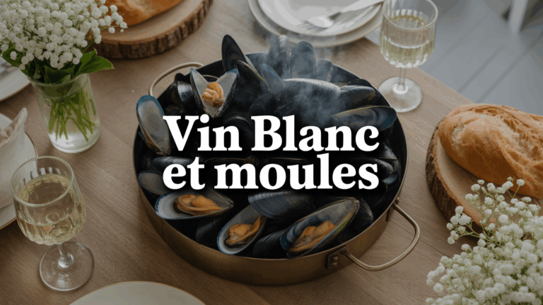 marmite moules marinières vin blanc sur table bois