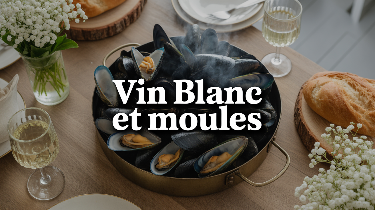 marmite moules marinières vin blanc sur table bois