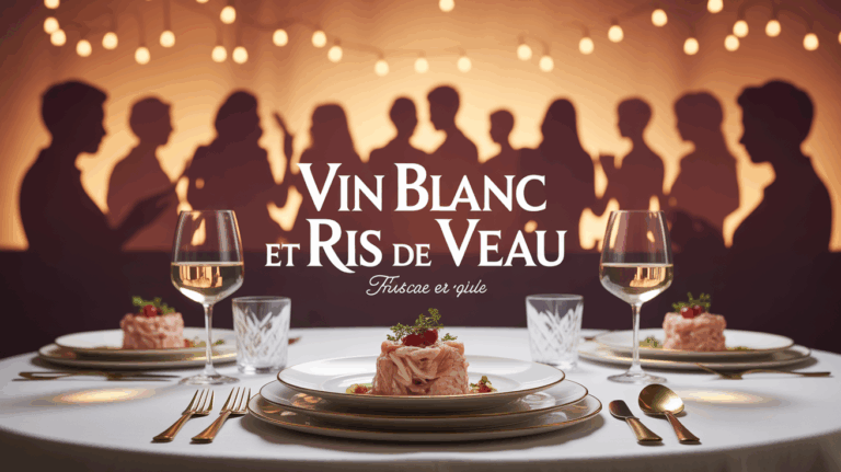 plat de ris de veau et verre de vin blanc sur table chic