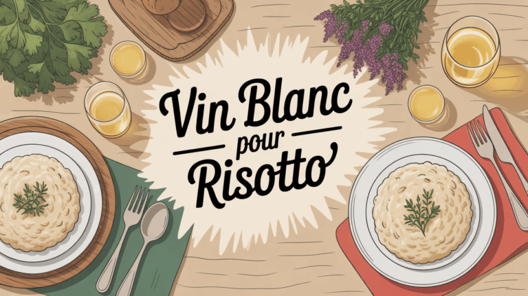 Risotto crémeux et verres de vin blanc sec sur table familiale