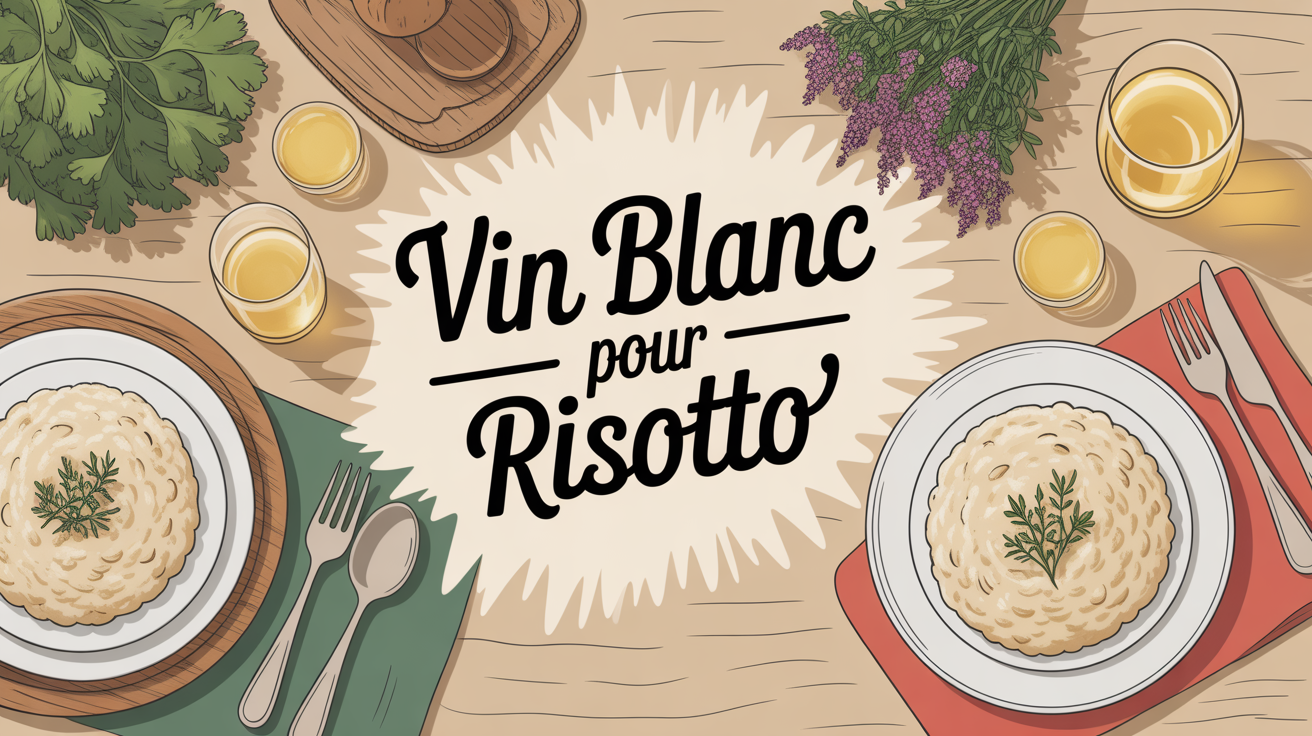Risotto crémeux et verres de vin blanc sec sur table familiale