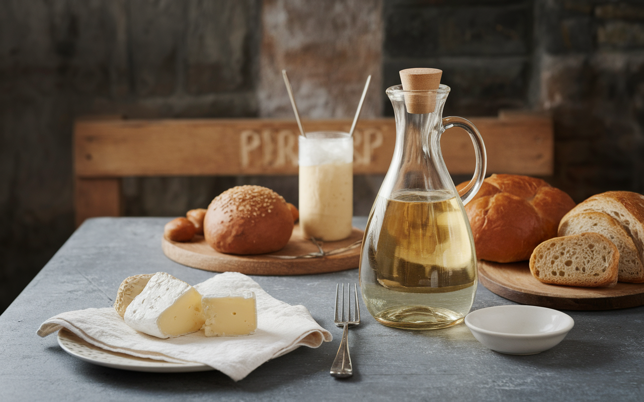 Carafe vin blanc sec, fromages savoyards et pain pour fondue