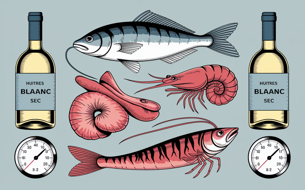 Fruits de mer avec bouteilles de vin blanc sec