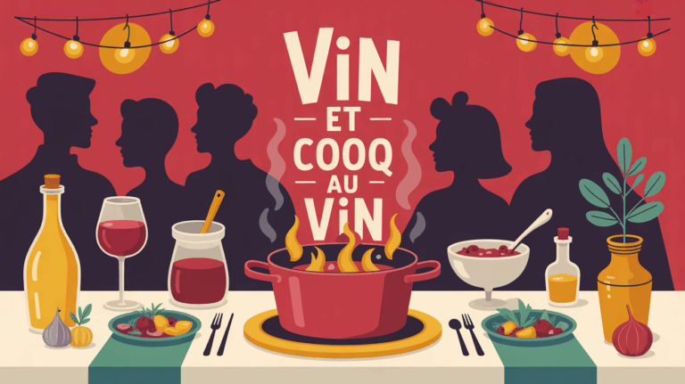 table conviviale avec vin et cocotte pour coq au vin