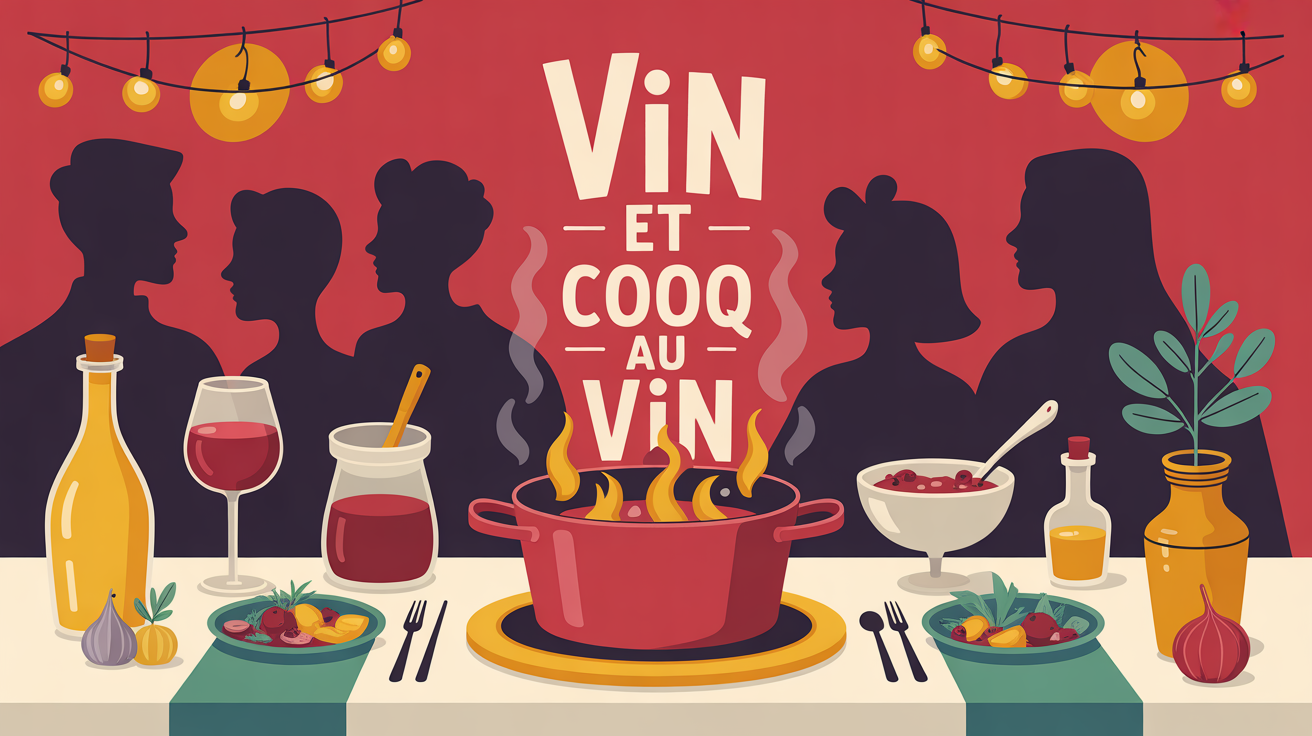 table conviviale avec vin et cocotte pour coq au vin