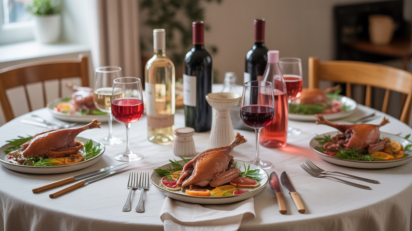 Table magret de canard et verres de vin variés