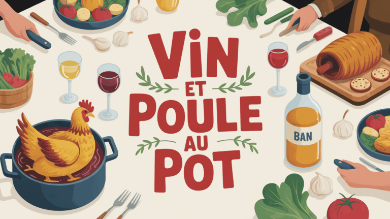image festive vin et poule au pot autour d'une grande table