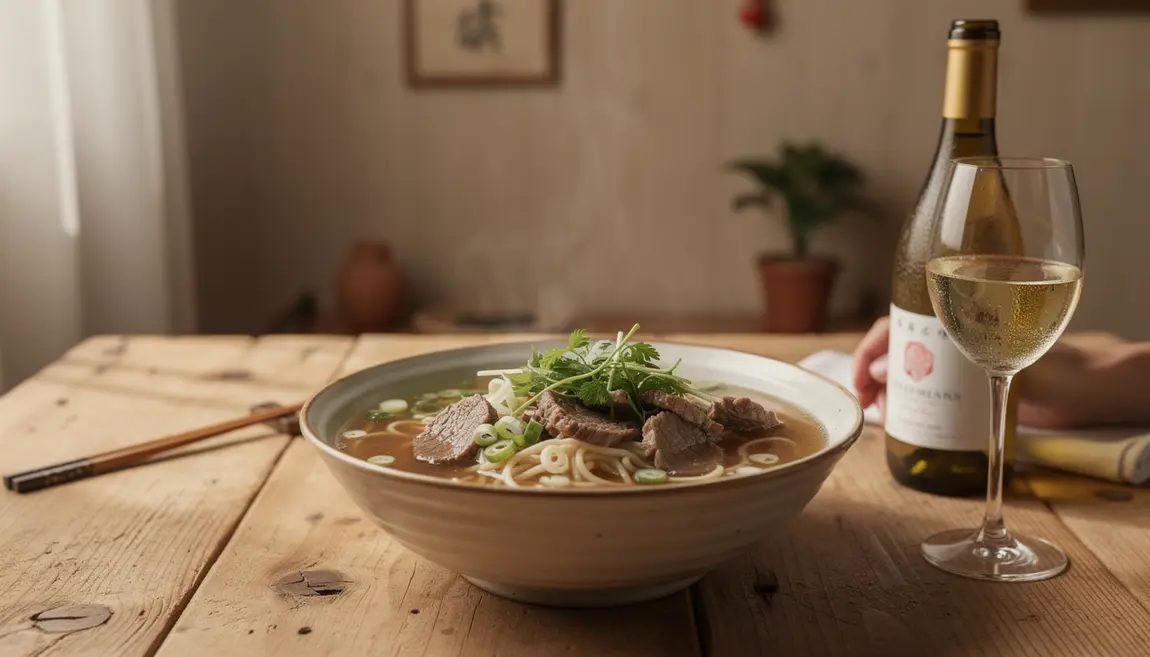 Soupe nouilles boeuf et vin blanc en accord