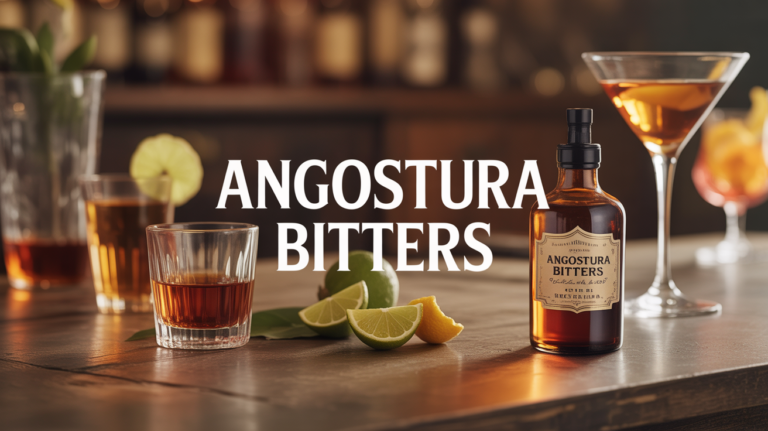 Flacon Angostura Bitters ambre sur comptoir avec verres et agrumes