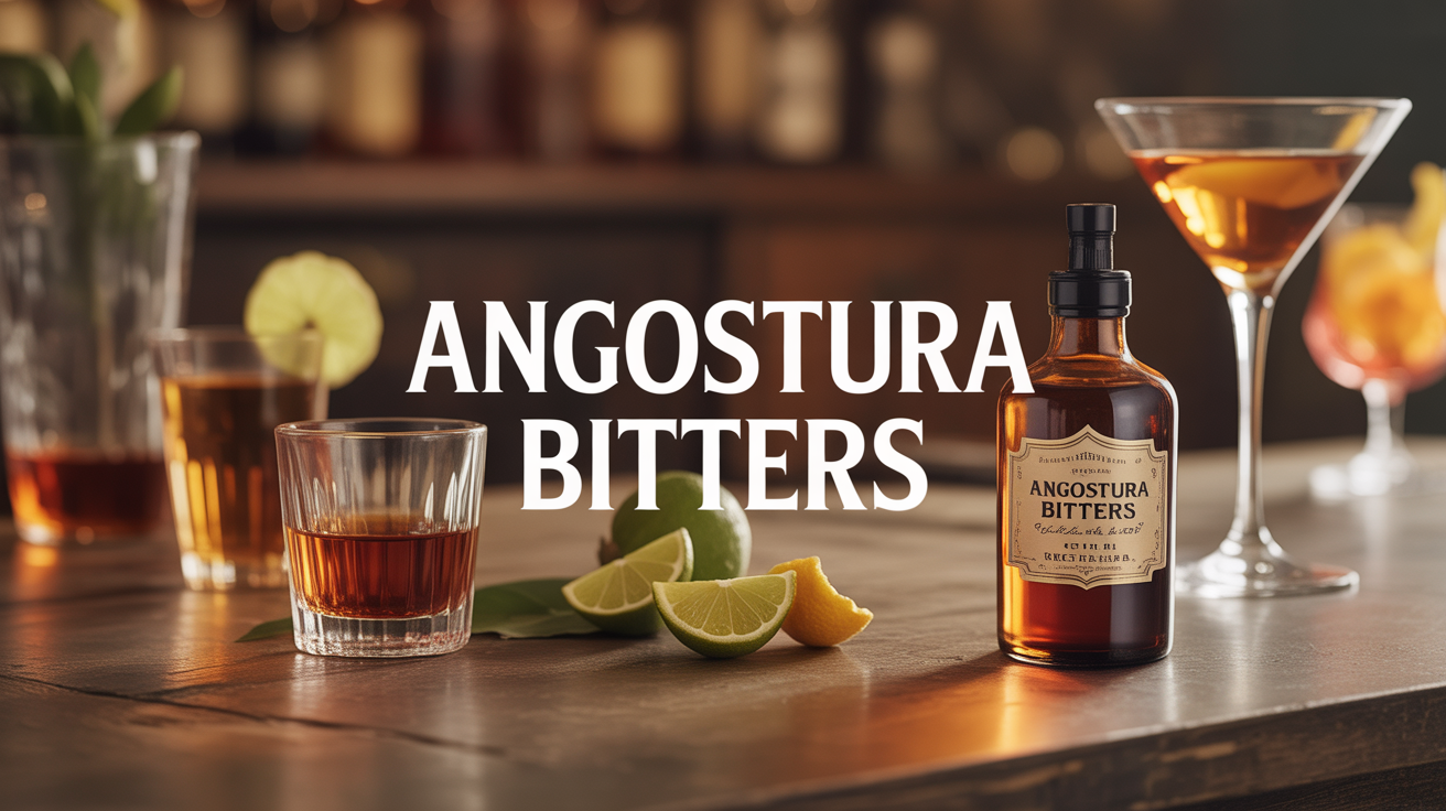 Flacon Angostura Bitters ambre sur comptoir avec verres et agrumes