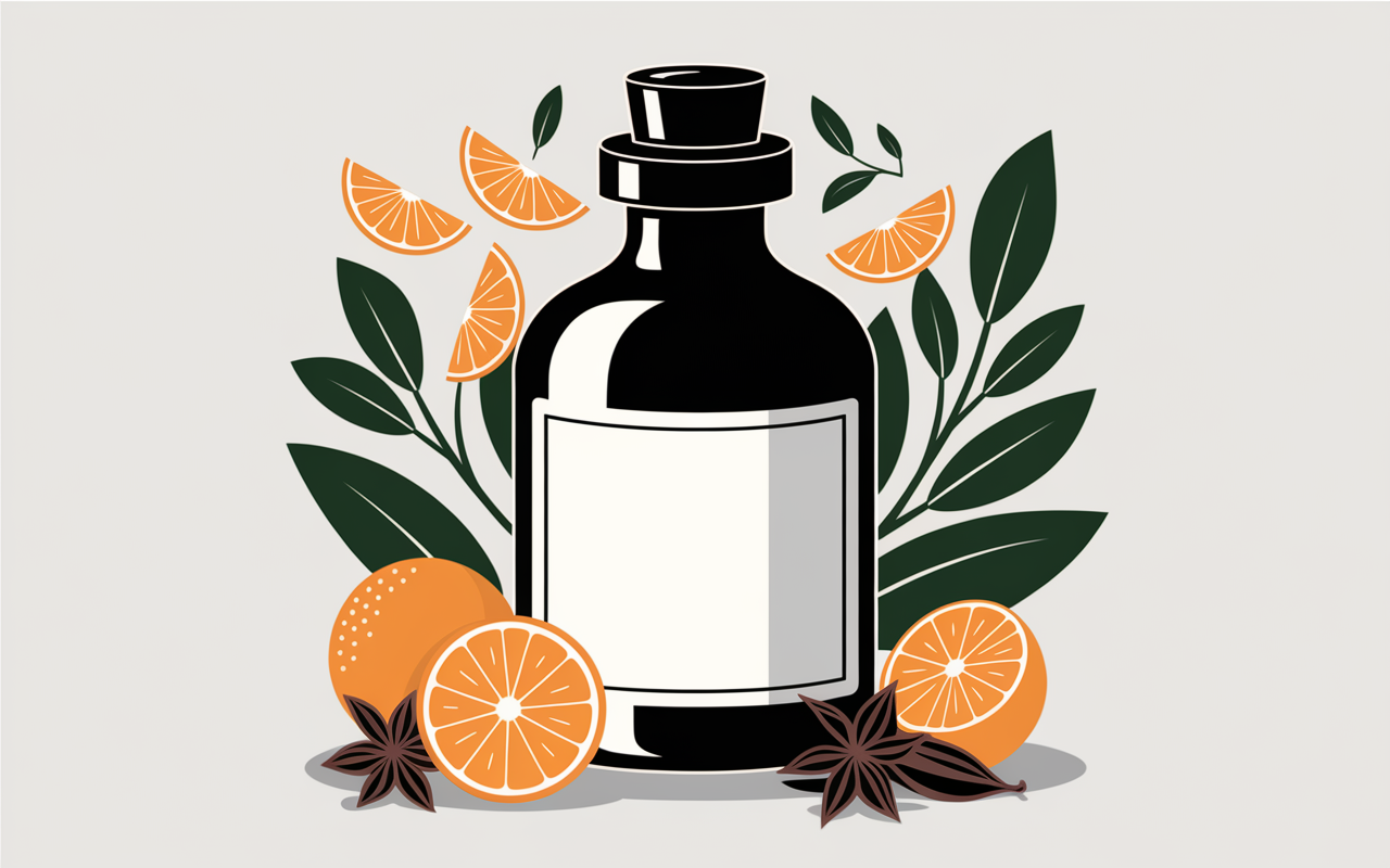Bouteille Angostura Bitters avec zestes orange, racines et épices