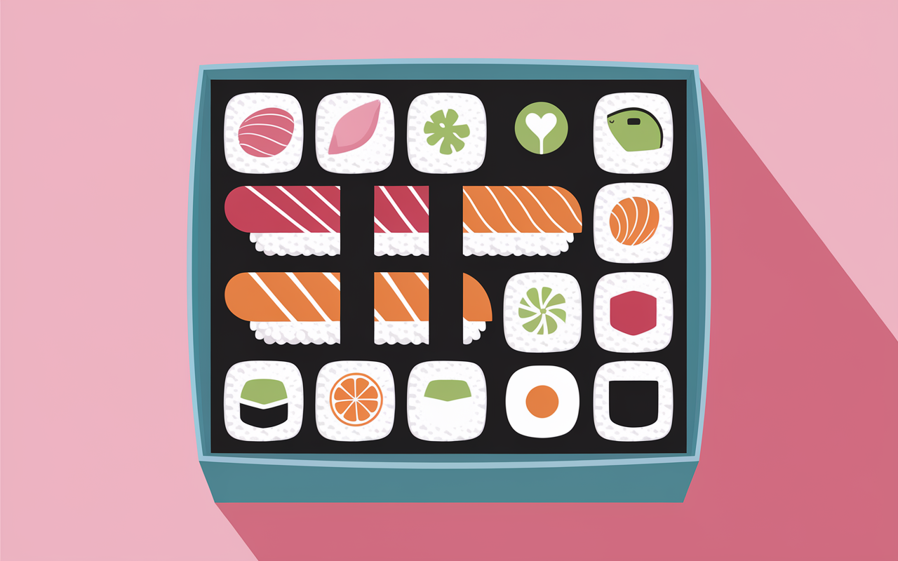 Box ouverte 21 sushis Kenko Sushi Shop avec icones recettes