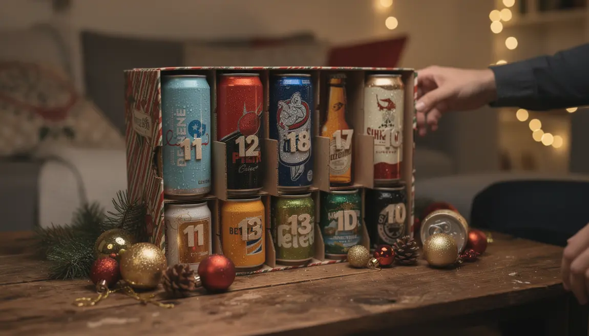 calendrier de l’avent bière coffret festif sur table ambiance Noël