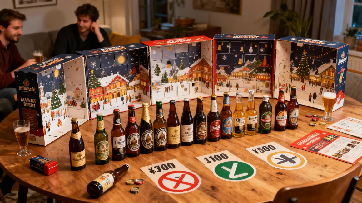 table avec différents calendriers de l’avent bière ouverts