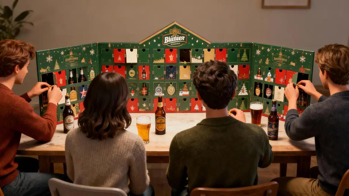 groupe d’amis ouvrant calendrier de l’avent bière