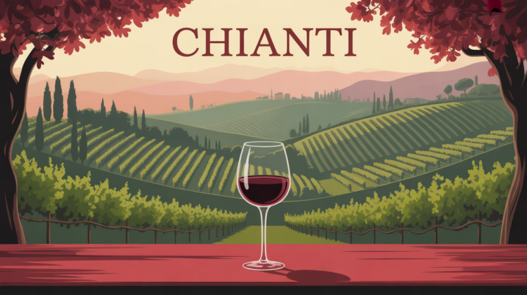 Vue stylisée collines Chianti vin rouge soirée