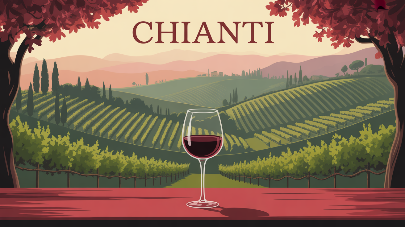 Vue stylisée collines Chianti vin rouge soirée
