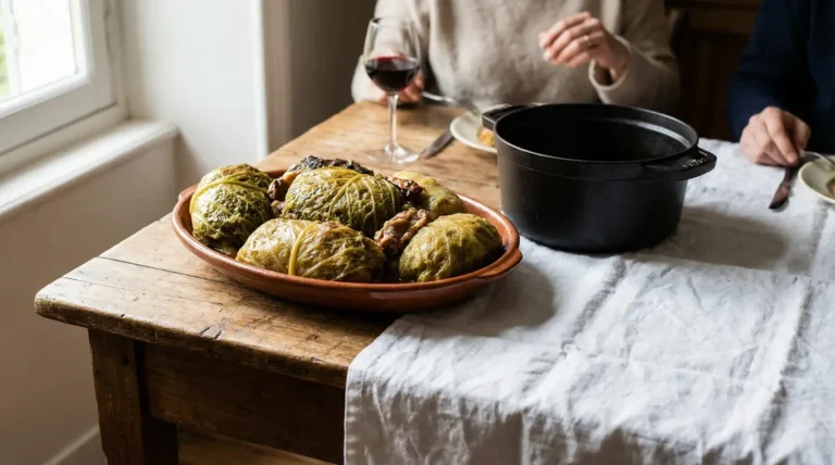 chou farci maison servi avec vin rouge