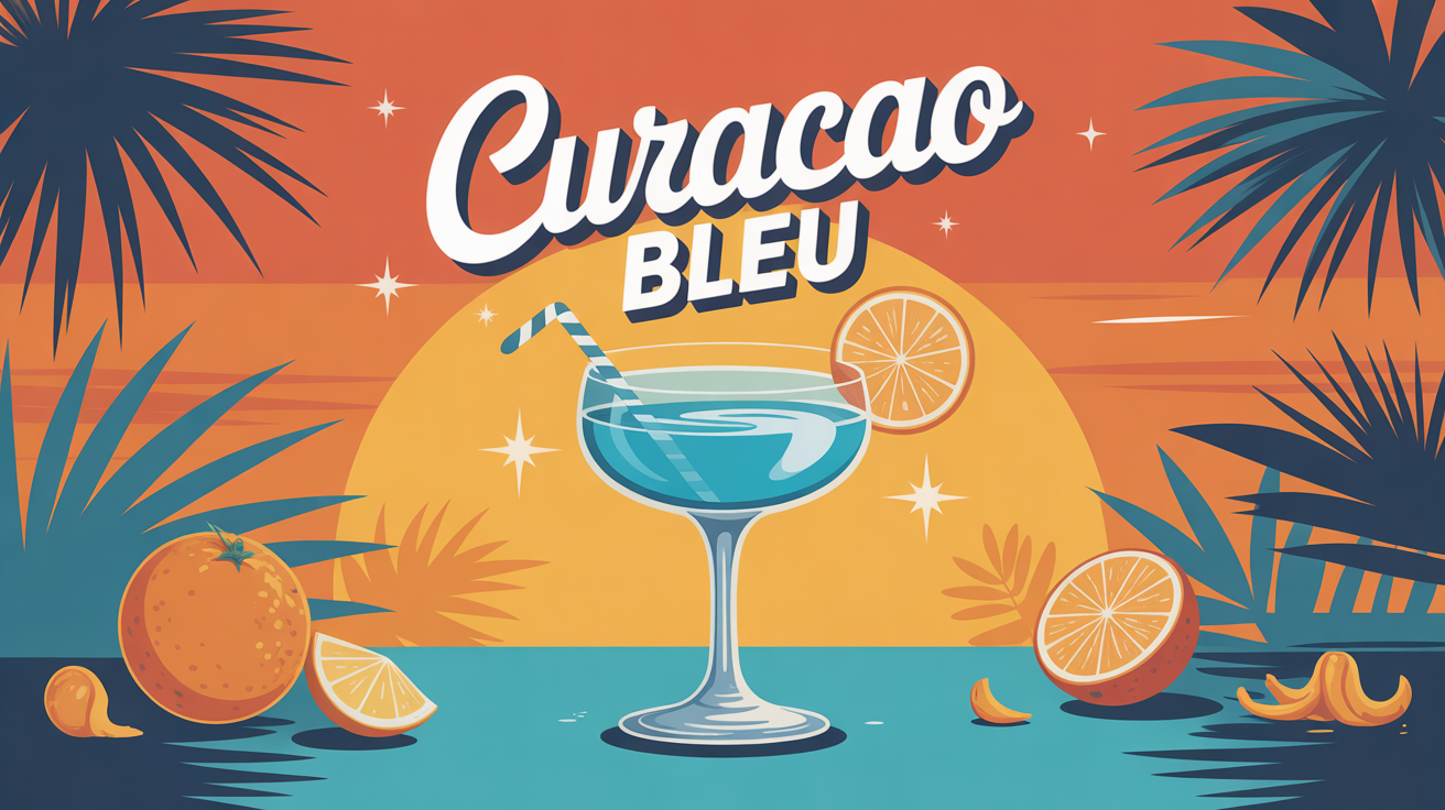 verre cocktail curacao bleu fond palmiers oranges
