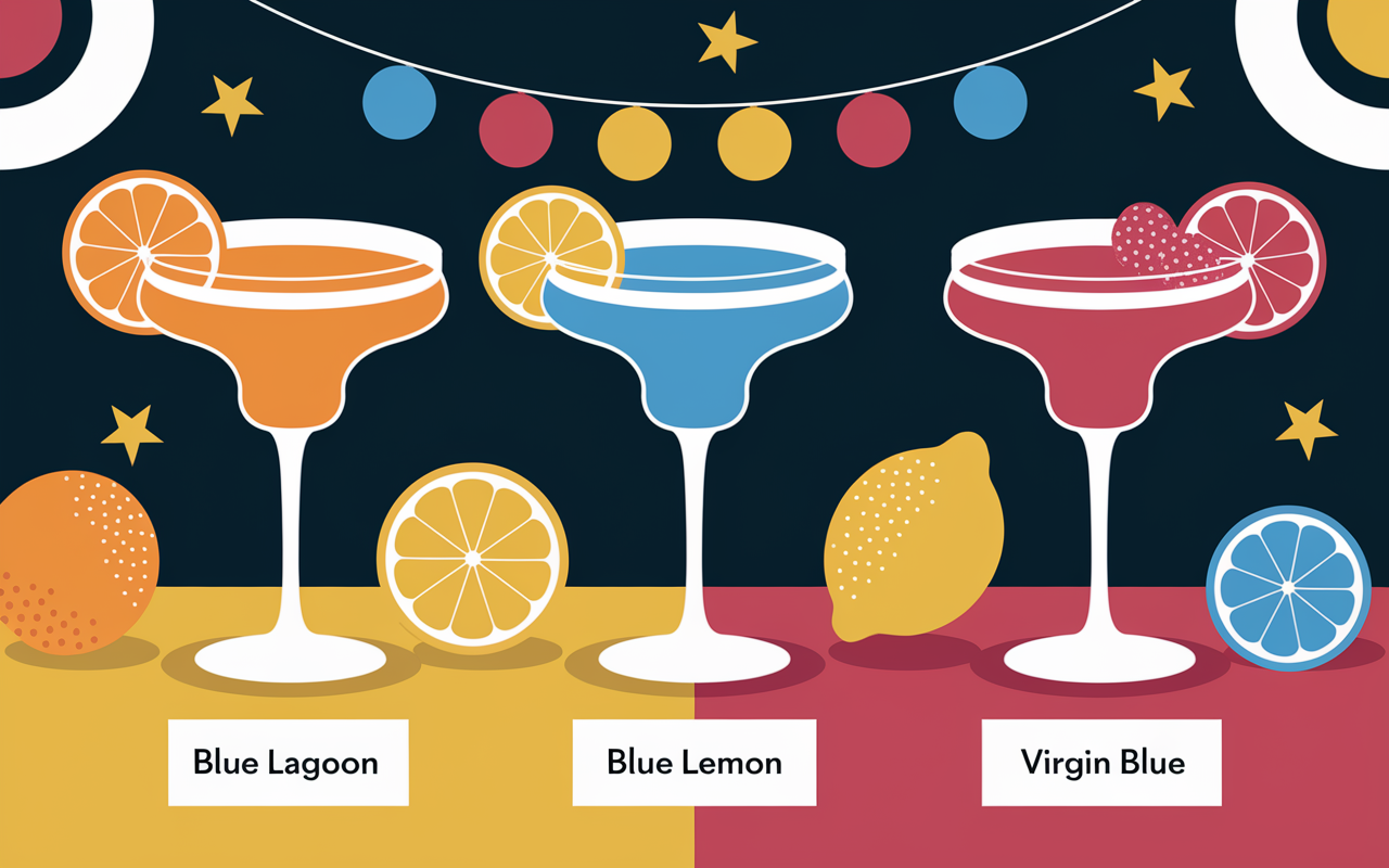 trois cocktails curacao bleu lagoon lemon virgin garnitures
