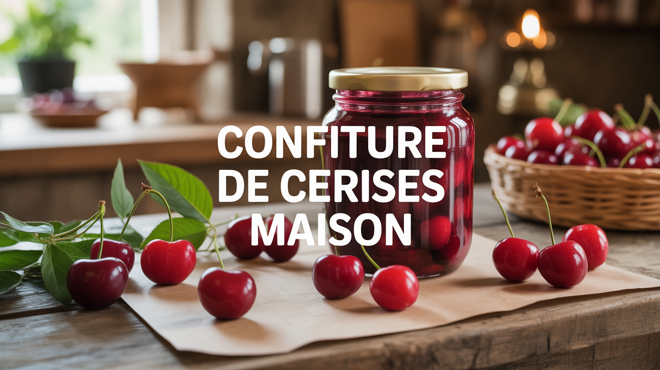 Bocal confiture cerises maison et fruits frais