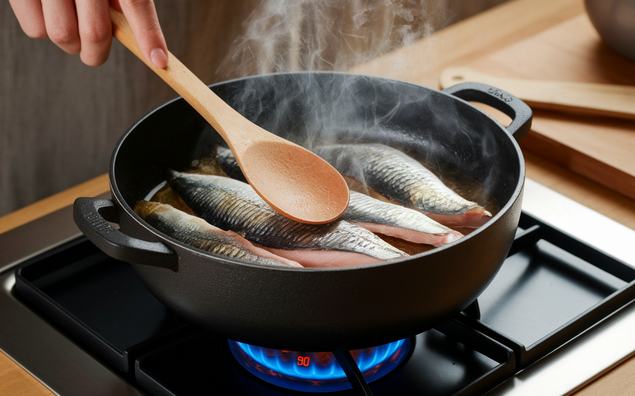 Cuisson dorade coryphène côté peau fonte spatule minuteur