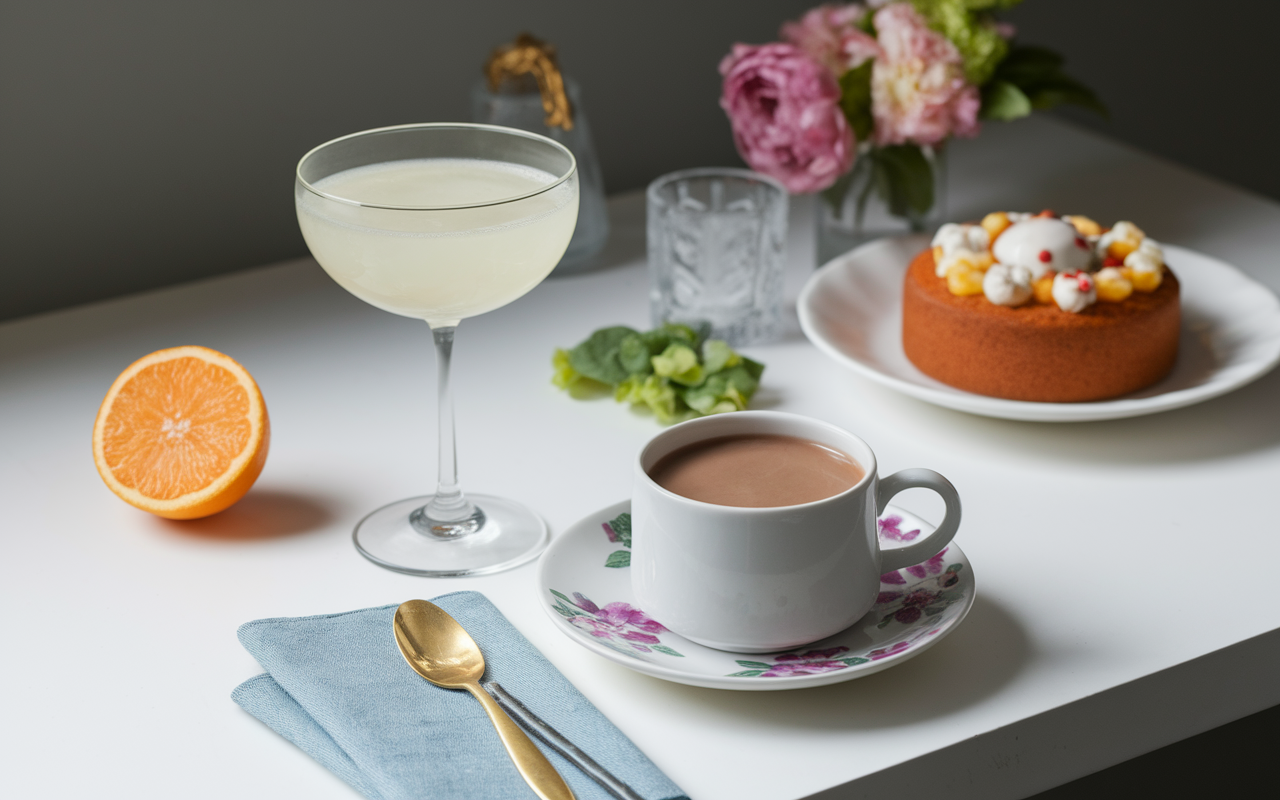 Brunch Earl Grey and latte mousse noix, tonic citron, gâteaux maison