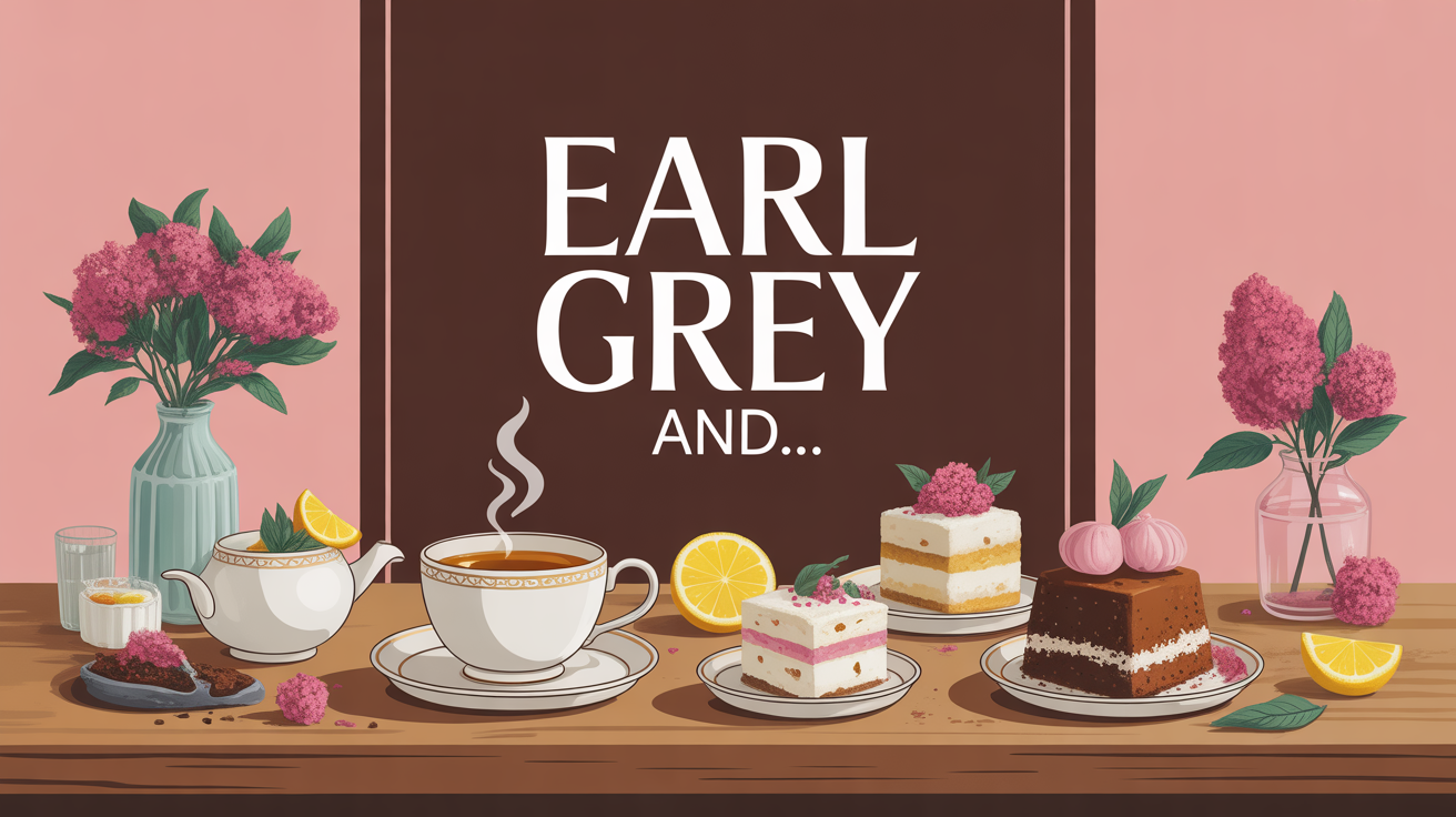Table avec Earl Grey and théière, tasse fumante, bergamote et gâteaux