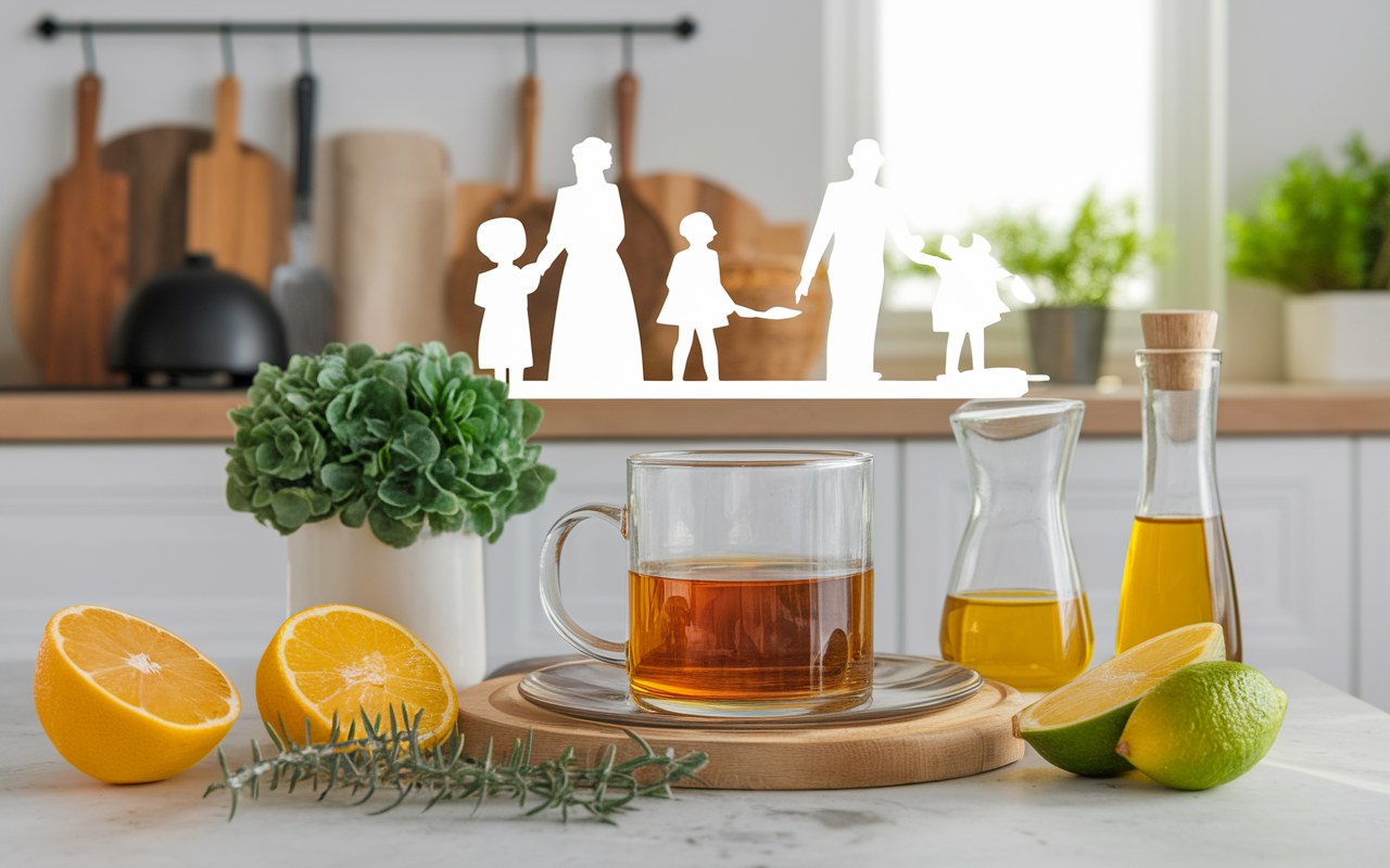 Scène cuisine provençale avec infusion thym, enfants et adultes préparant remèdes