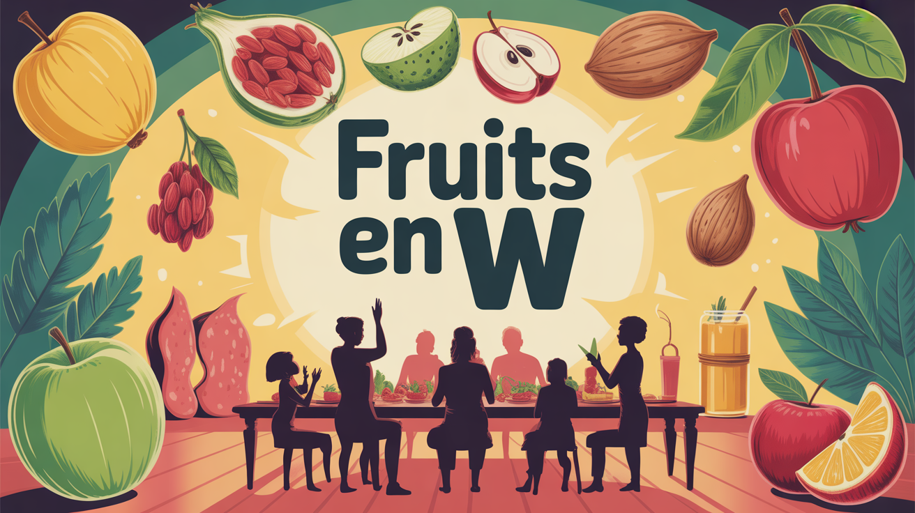 illustration affiche colorée fruits en W autour d'une table