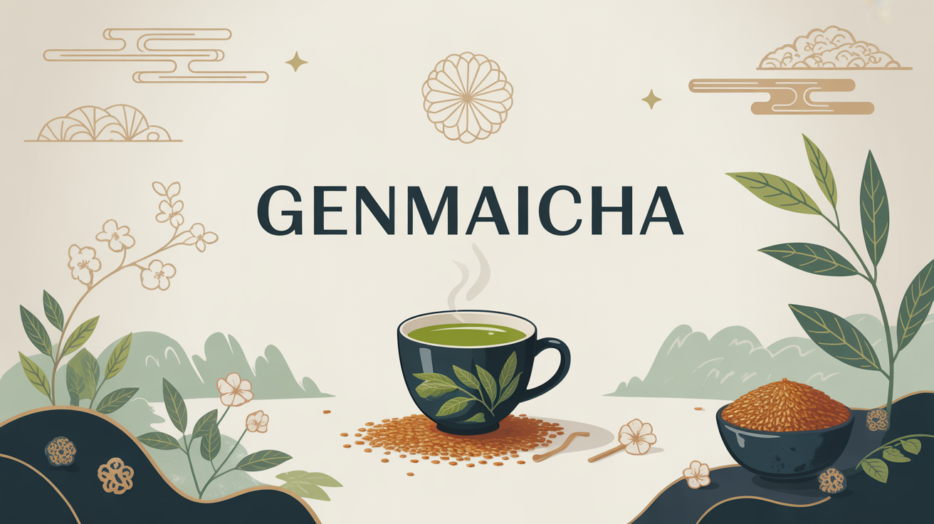 Tasse genmaicha fumante riz brun feuilles japon