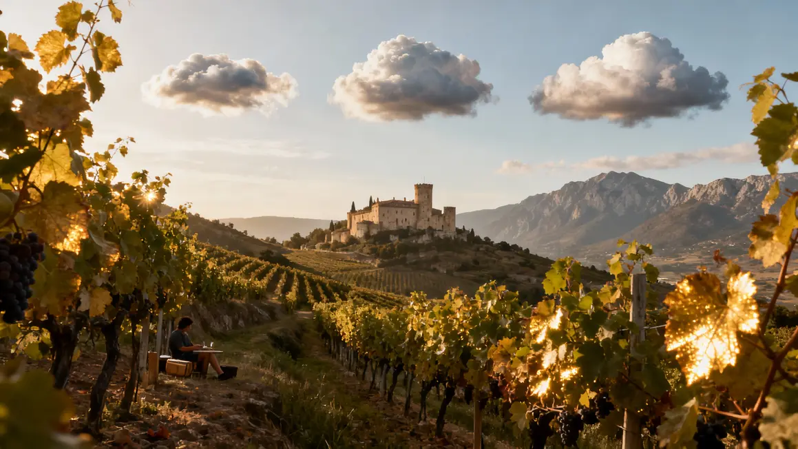 Paysage des coteaux et château de Limoux au matin