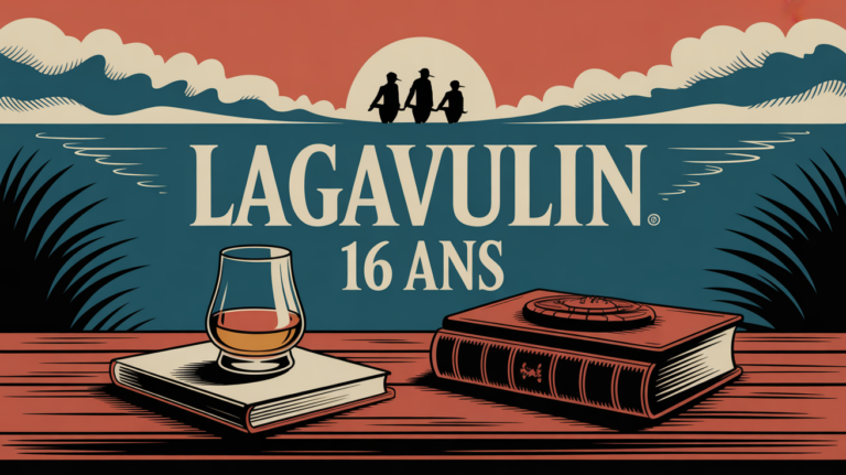 Lagavulin 16 ans verre de whisky sur table bois et brume