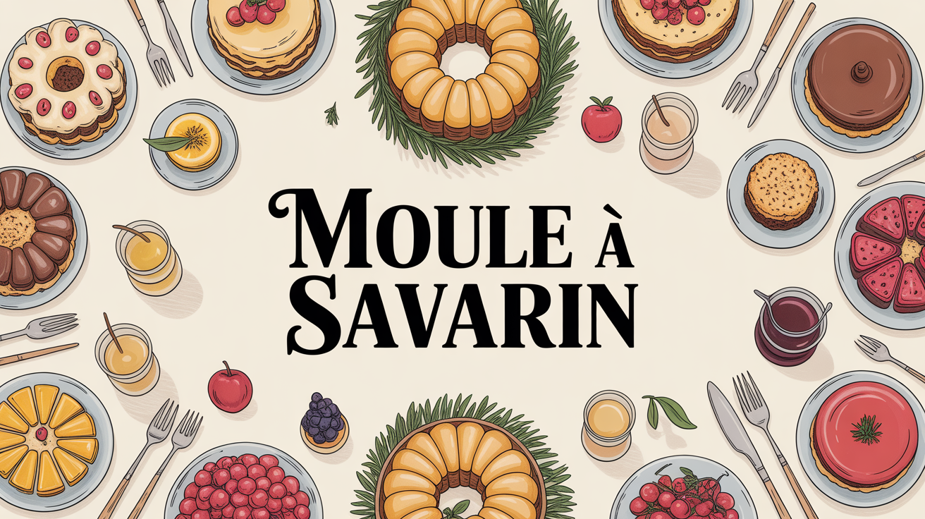 moule à savarin doré entouré de gâteaux et fruits