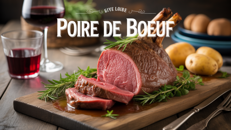 Poire de boeuf saisie entiere coupe sur planche avec verres de vin rouge