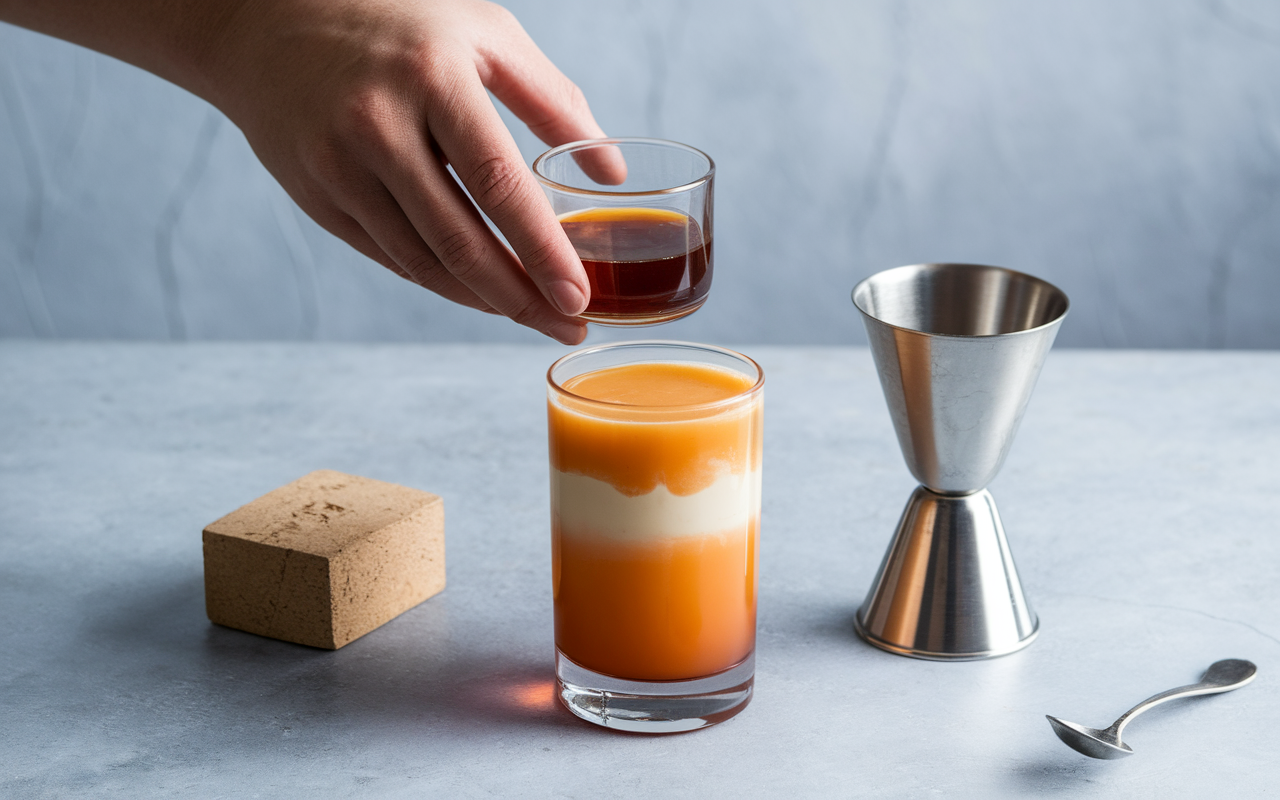 monter cocktail b52 couché main cuillère verre