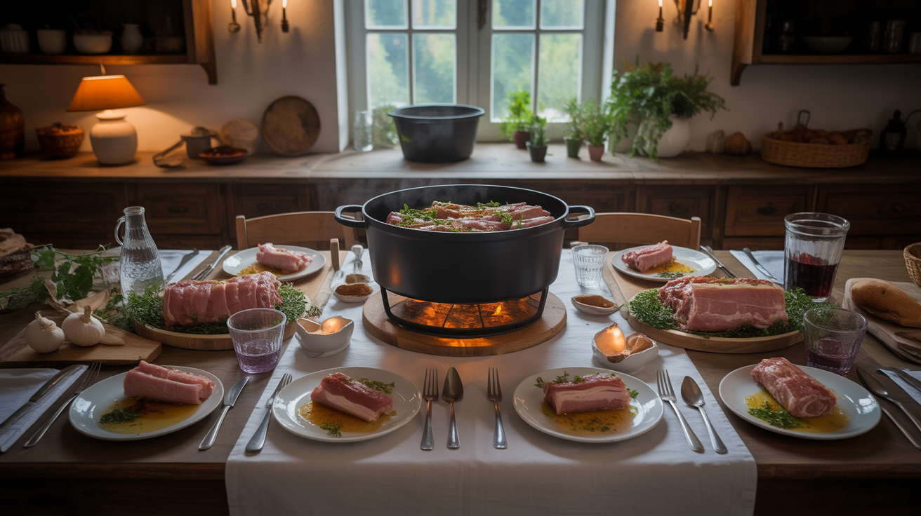 table familiale avec rouelle de porc confite cocotte et aromates
