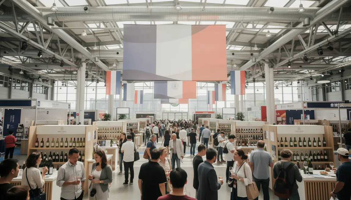 Salon viticole moderne Chine 2026 foule drapeaux français