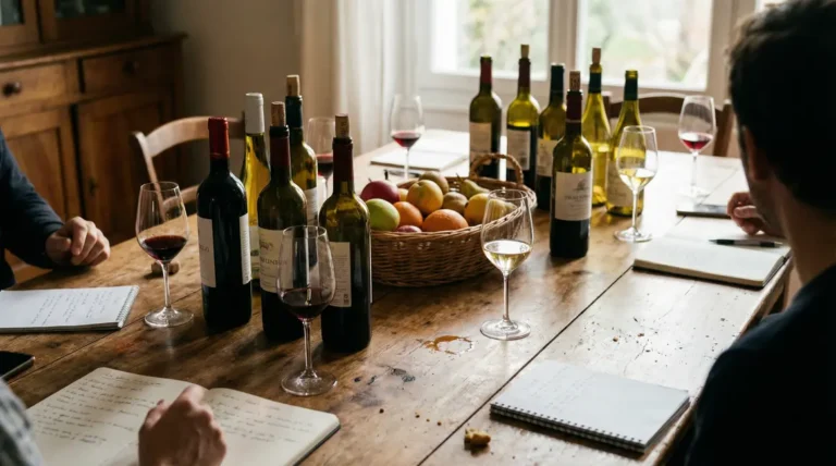 bouteilles vin rouge blanc verres notes corbeille fruits ambiance chaleureuse
