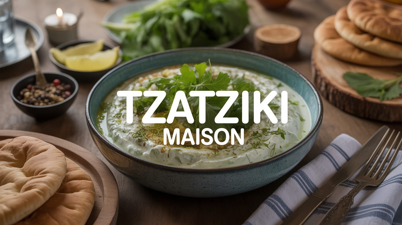 Bol tzatziki maison convivial avec pain pita et concombre