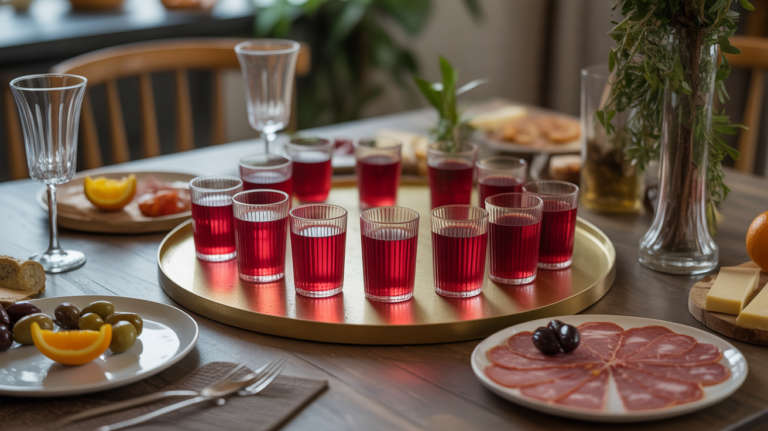 Grand plateau de verres de vermouth rouge, olives, charcuterie et fromage ambiance conviviale