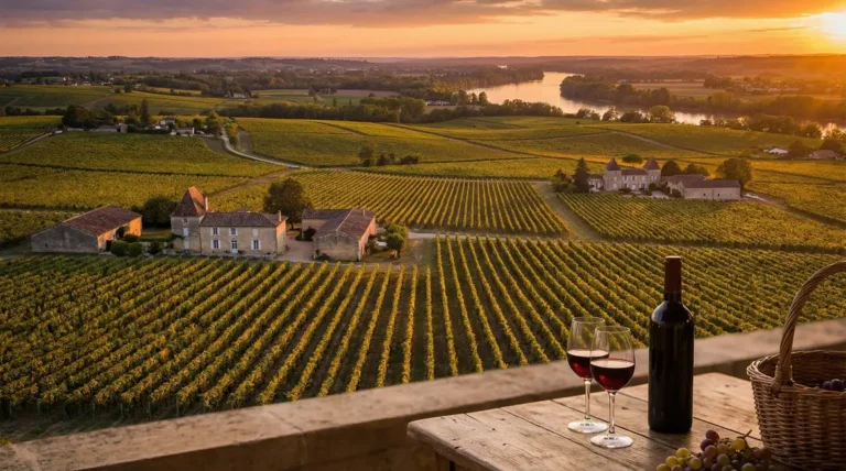 Paysage vignes Bordeaux coucher soleil verre vin rouge chais rivière