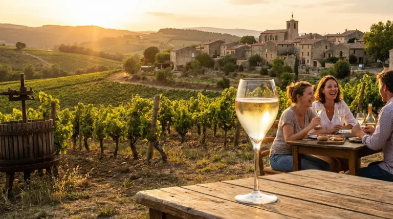 Vue du vignoble de Limoux avec village et coupe de vin effervescent
